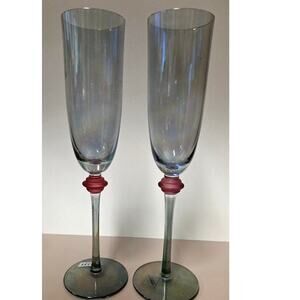 MARW Iridescent Champagne Flutes 2 Hand Blown Art Glass Pink Stem Wedding Toast